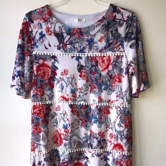 Egy California Floral Lace Detail Short Sleeve Shift Midi Dress Medium - Picture 4 of 10